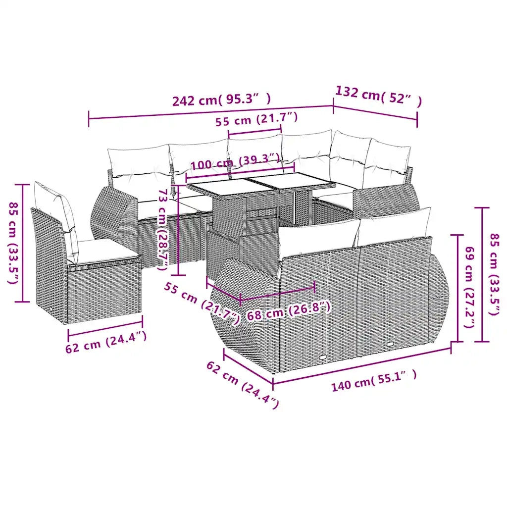 Set Divani da Giardino 9 pz con Cuscini Grigio in Polyrattan 3268671