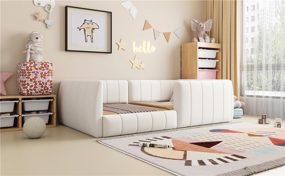 DESMIU Letto bambino 90 × 200 cm con sponda di sicurezza, in MDF e velluto, senza materasso, beige