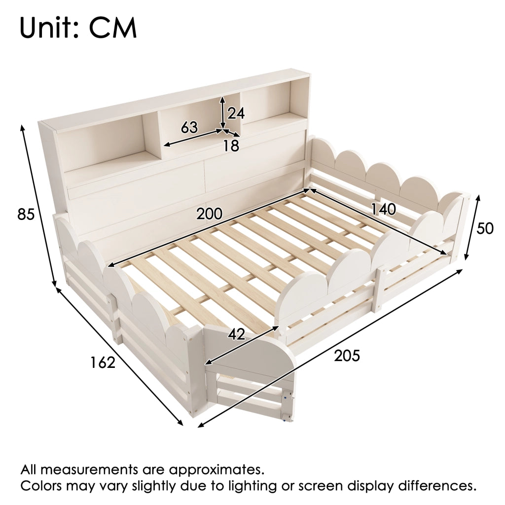 Letto a terra per bambini in legno bianco 140x200 sponde e porta doghe ripiano