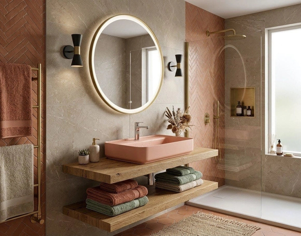Lavabo rettangolare da appoggio senza troppo pieno in ceramica con foro rubinetto - Salmone Opaco