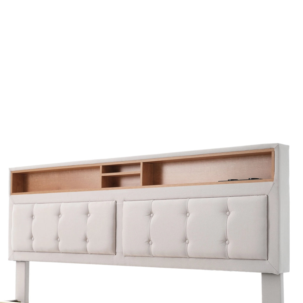 Letto matrimoniale imbottito 140x200 cm con 4 cassetti, testiera regolabile e prese USB/Type C, senza materasso
