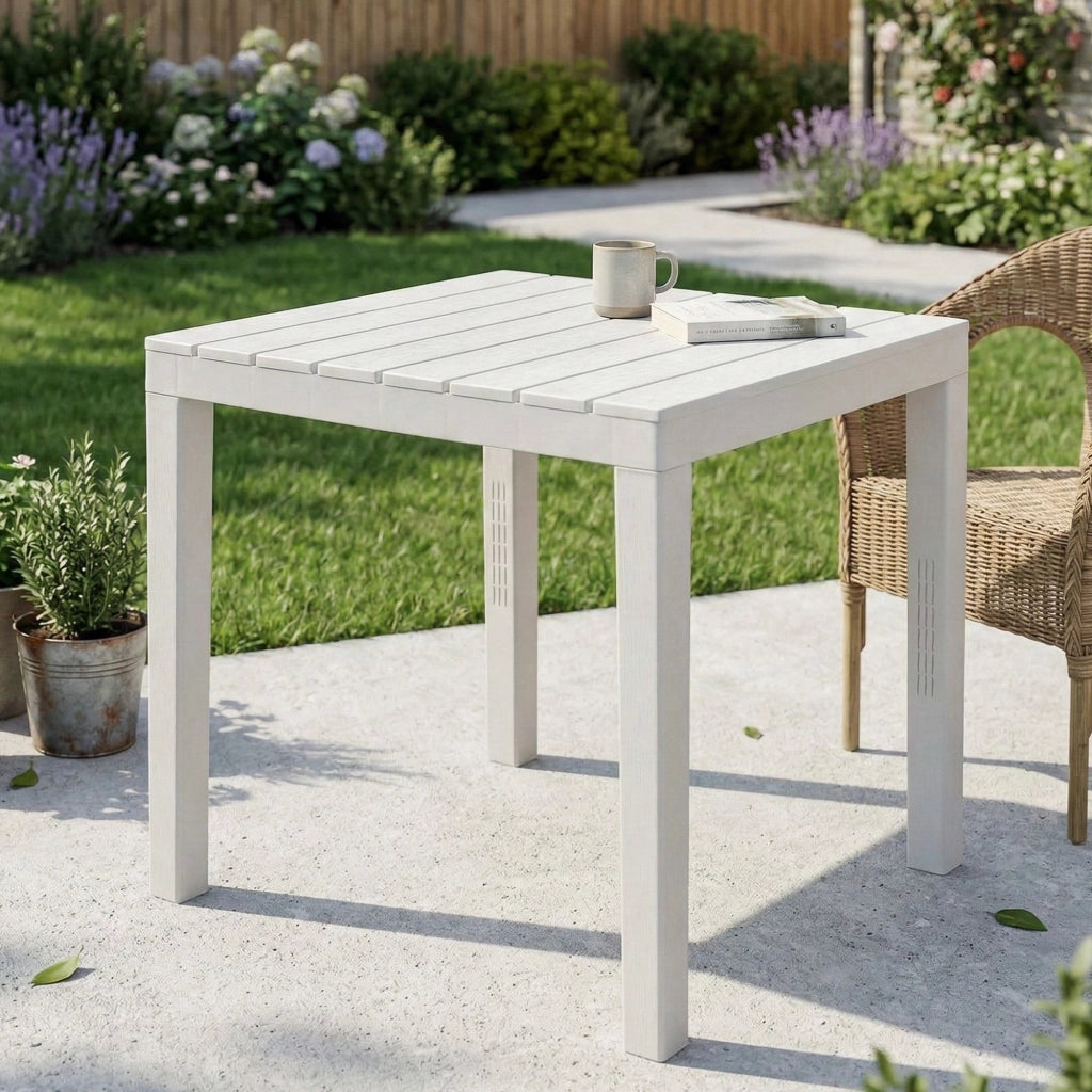 Tavolo da esterno Dmurill, Tavolo quadrato effetto legno, Tavolino da giardino multiuso, 100% Made in Italy, Cm 78x78h72, Bianco