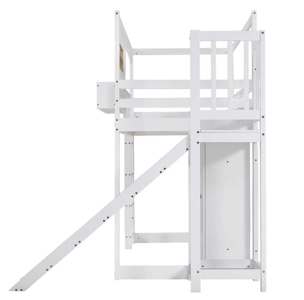 Letto a castello per bambini con scivolo, armadio e scaffali 90x200 cm