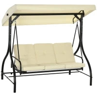 Dondolo da Giardino 3 Posti con Tettuccio Regolabile, in Metallo e tessuto Teslin, Beige e Nero