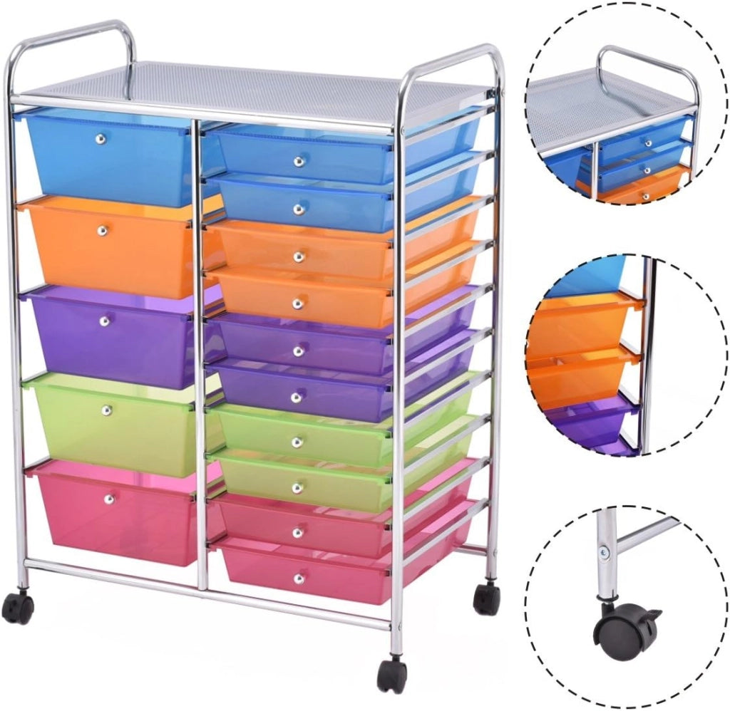 Carrello con 15 Cassetti Impilabili, Carrello di Stoccaggio con Ruote, Carello Portaoggetti per Casa e Ufficio, 62,5 x 37 x 87 cm (Multicolore)