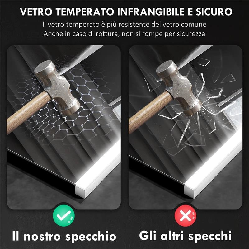 SPECCHIO DA BAGNO CON LUCE LED A 3 COLORI E FUNZIONE MEMORY, IN VETRO TEMPERATO, 70X50X3 CM, ARGENTO