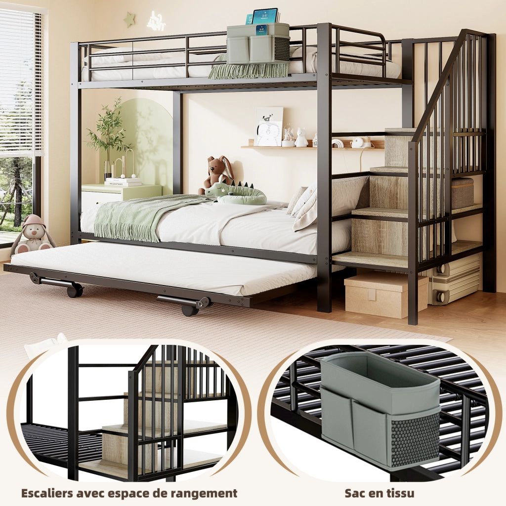 Letto a Castello 90x200 cm e 180x200 cm; con Letto Estraibile; Tasche in Tessuto; in Metallo; Nero