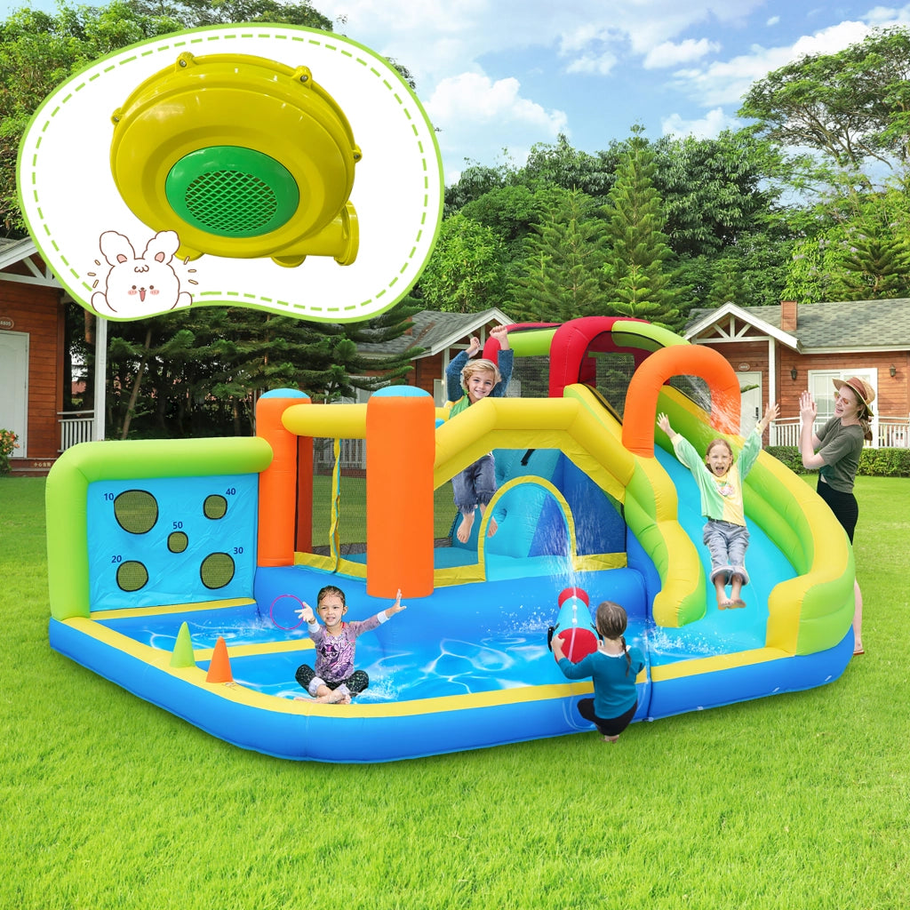 Castello gonfiabile multifunzione con scivolo d'acqua trampolino parete da arrampicata e soffiatore 450 W in tessuto oxford blu