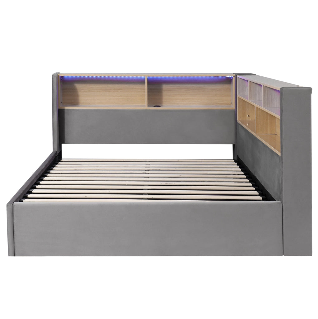 Letto imbottito 140x200 cm con contenitore idraulico; LED; USB e Type-C in velluto grigio