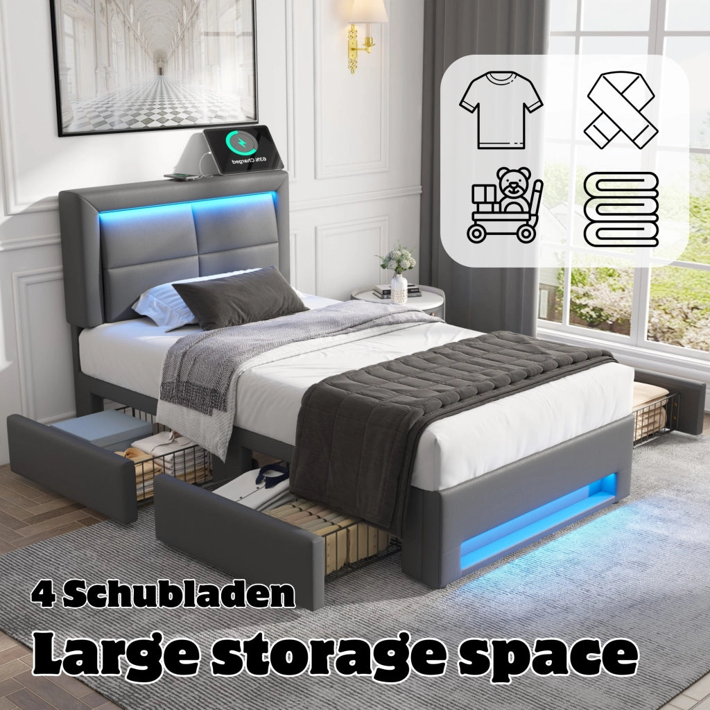 Letto Contenitore Singolo 90x200 cm; USB; LED; 4 Cassetti in PU; Grigio