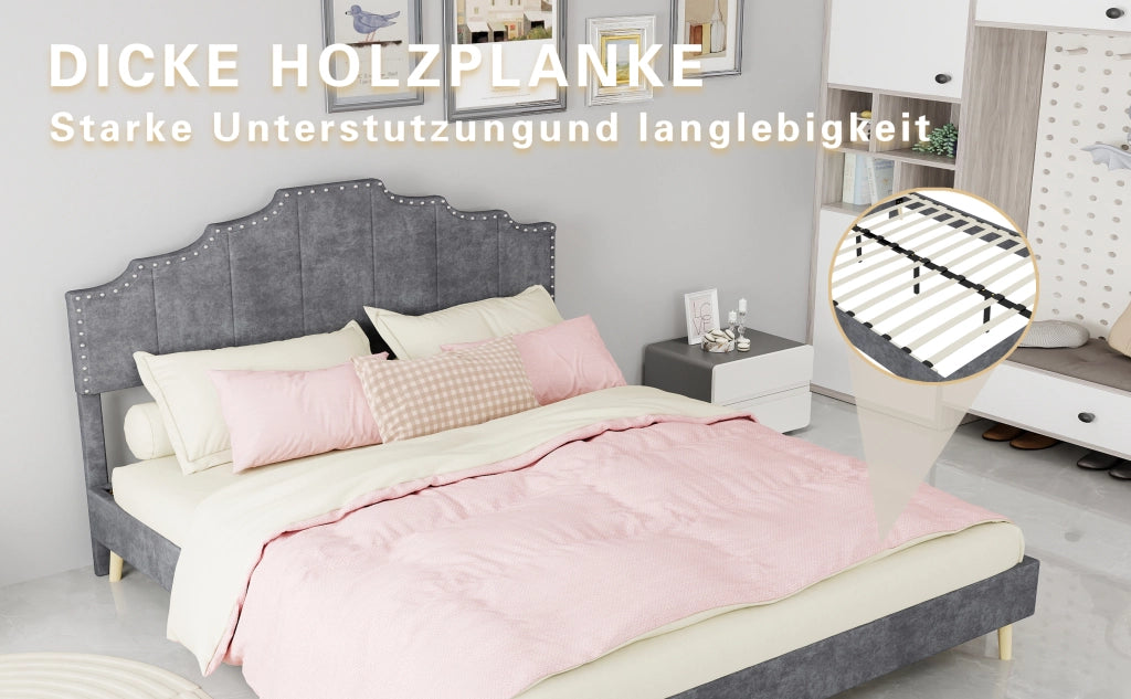 DESMIU Letto matrimoniale 160 × 200 cm con testiera geometrica, in tessuto, senza materasso, grigio