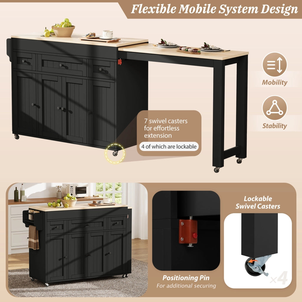 Mobile cucina con 3 cassetti; piano estraibile e ripiani regolabili per cucina in MDF nero naturale 137-190.6 × 45.2 × 92 cm