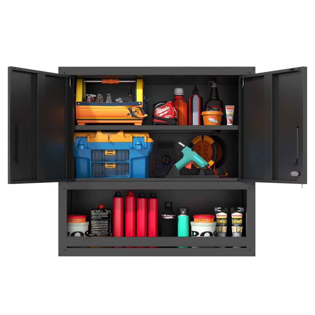 ARMADIO PORTA ATTREZZI DA PARETE 80x75x30 cm Metallo Nero con 2 ante a chiusura e 1 ripiano