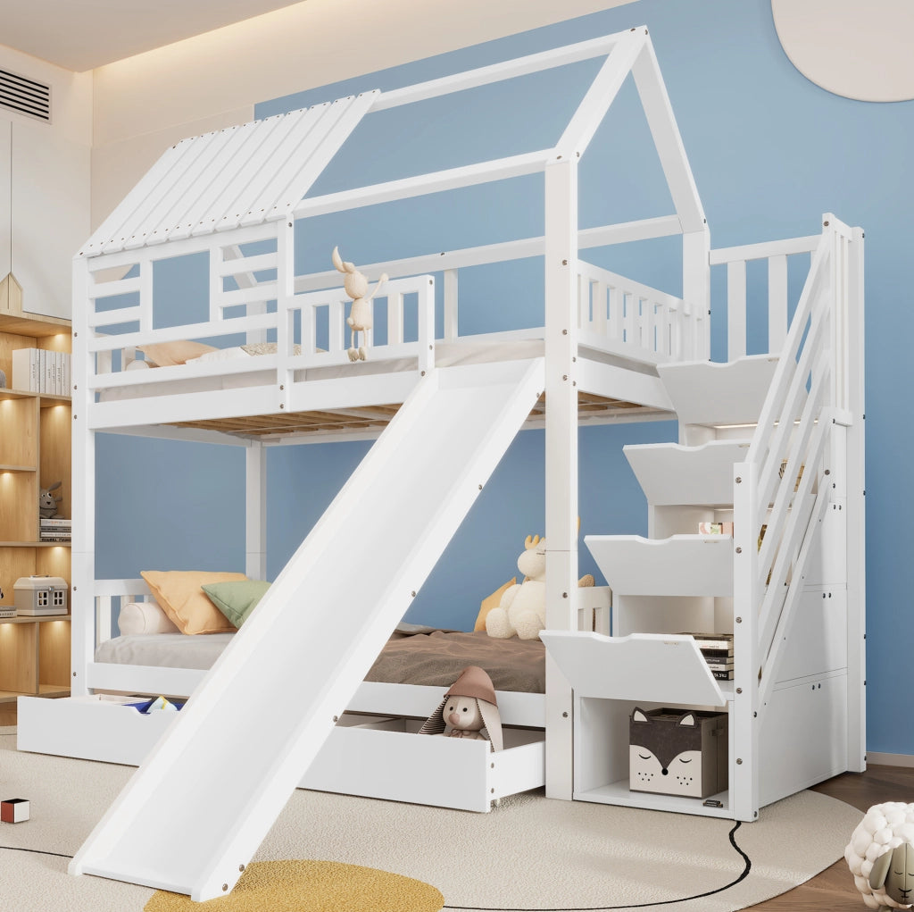 Letto a castello a casetta bianco 90x200 cm con scivolo