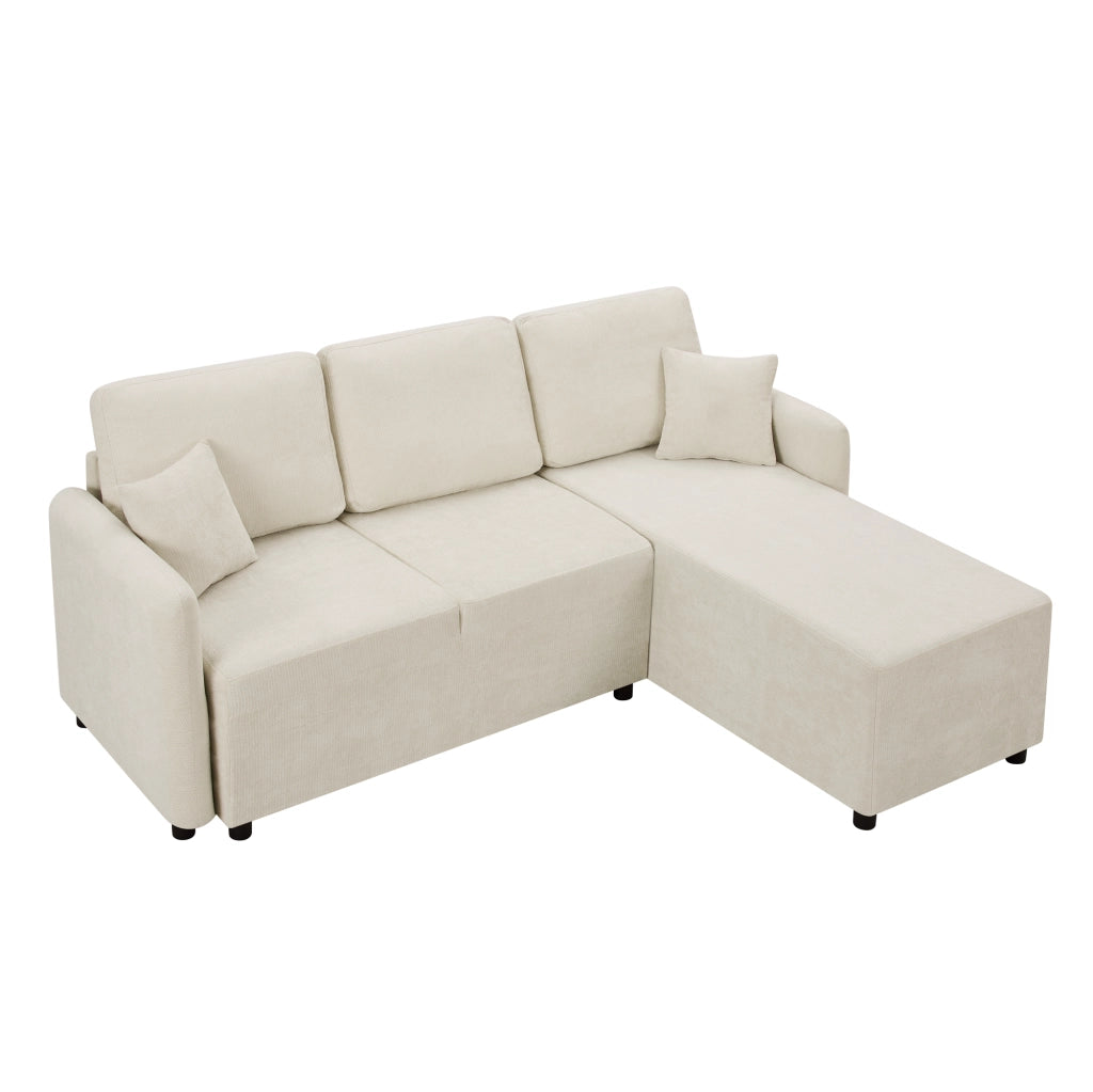 Divano angolare 3 posti con chaise longue integrata e 2 cuscini in chenille beige chiaro