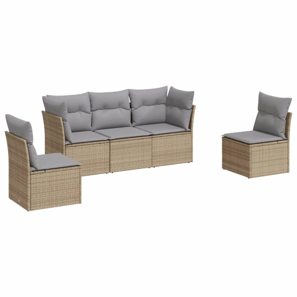 Set Divano da Giardino 5 pz | Set Salotto da Giardino con Cuscini Beige in Polyrattan