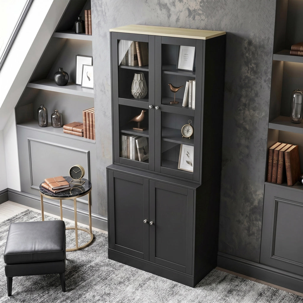 Libreria con ante in vetro ¨C Xylo ¨C 6 ripiani, 4 porte, nero