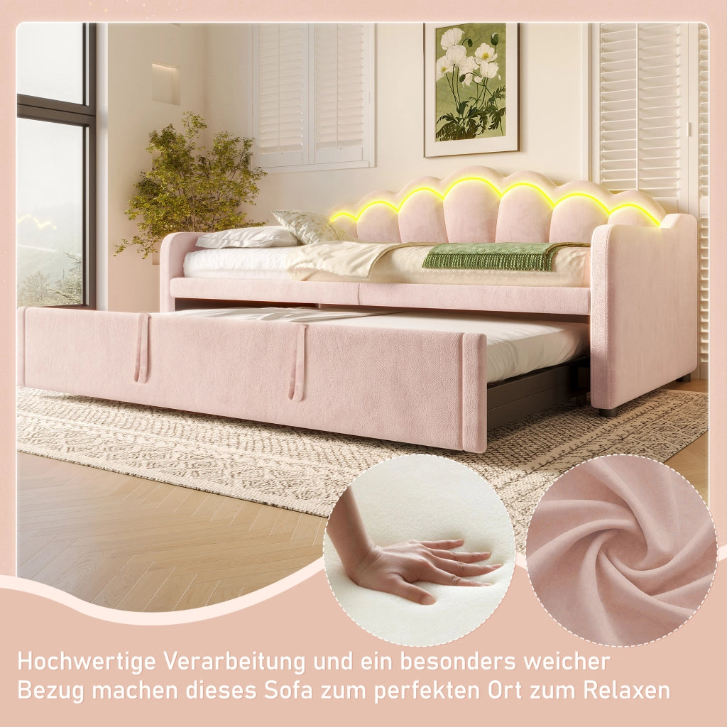 LETTO Divano estraibile 90x200 cm velluto rosa con LED regolabile