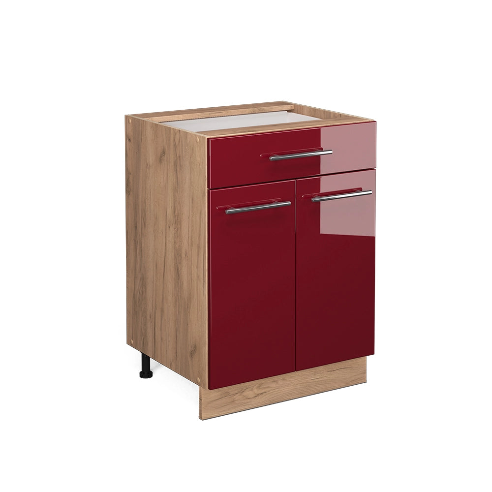 Vicco Mobiletto base per cucina Rosso bordeaux lucido 60 cm con cassetto, senza piano di lavoro