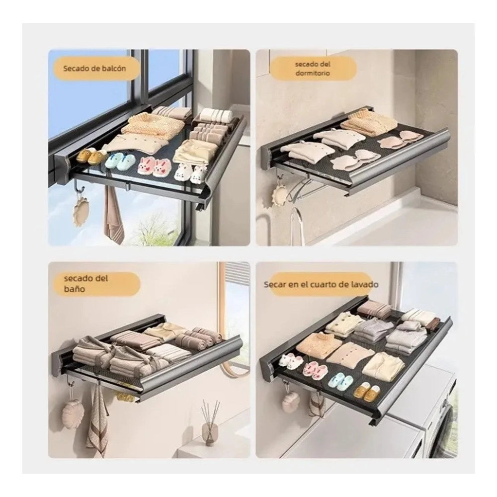 Trade Shop - Stendibiancheria Salvaspazio Da Parete Vestiti Balcone Maglia A Rete Retrattile Con Ganci -