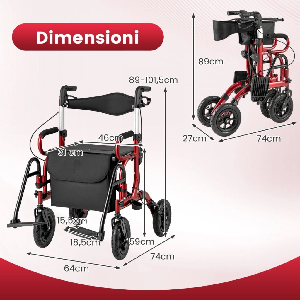 Deambulatore pieghevole per anziani con ruote 2 in 1, Deambulatore pieghevole 23 cm per tutti i terreni Rosso-Salute e bellezza