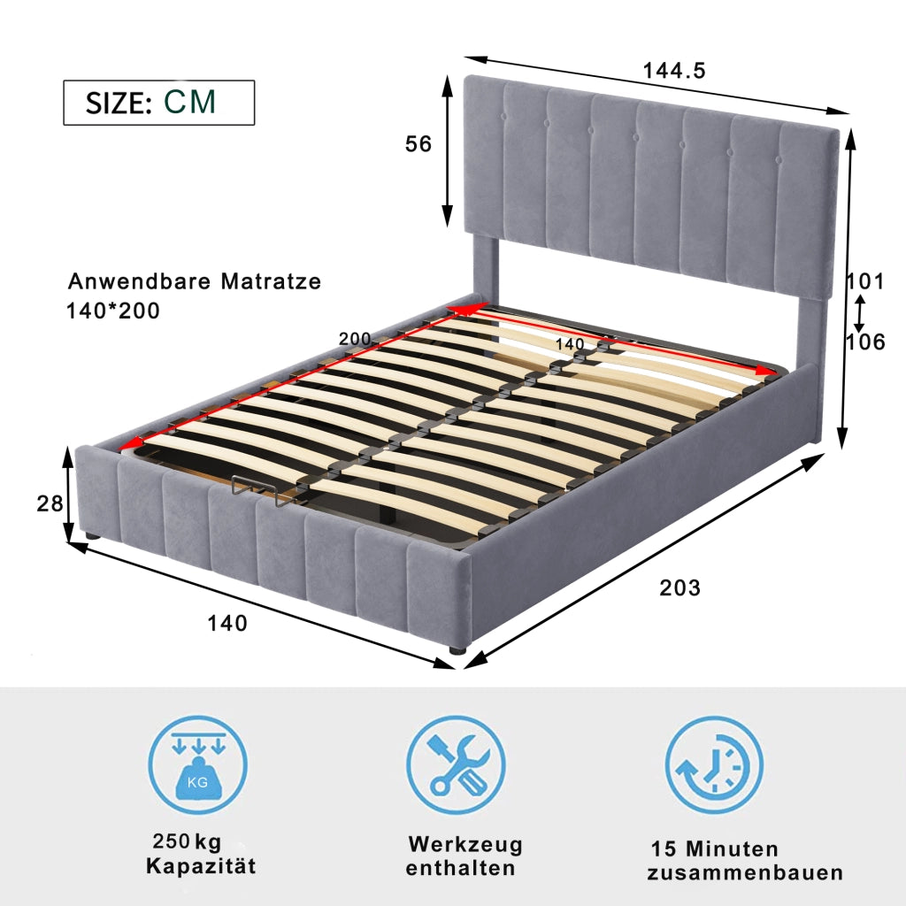 Letto Contenitore 140x200 cm; Letto Matrimoniale con contenitore idraulico; in Velluto Grigio