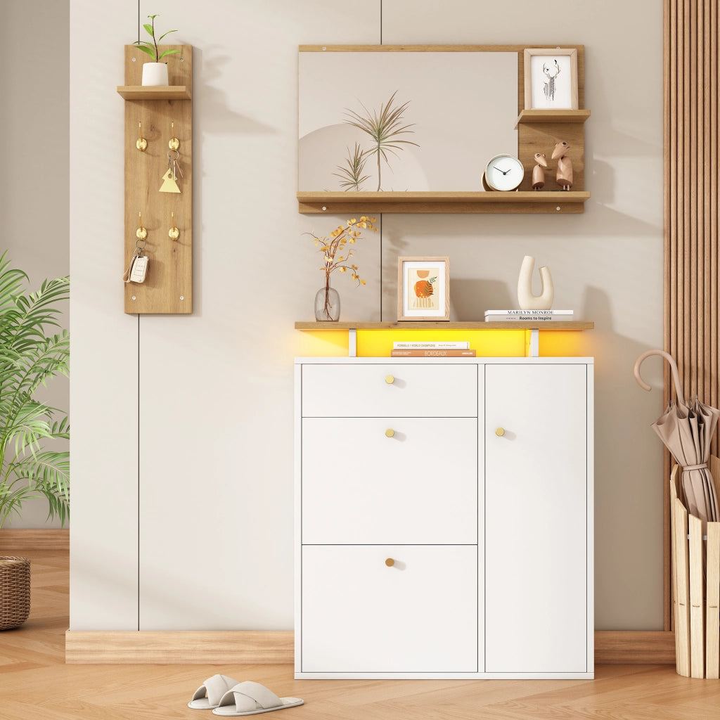 Mobili da ingresso con specchio, scarpiera a 3 vani e appendiabiti a 4 ganci, per corridoio, bianco, 105 × 25 × 151.5 cm