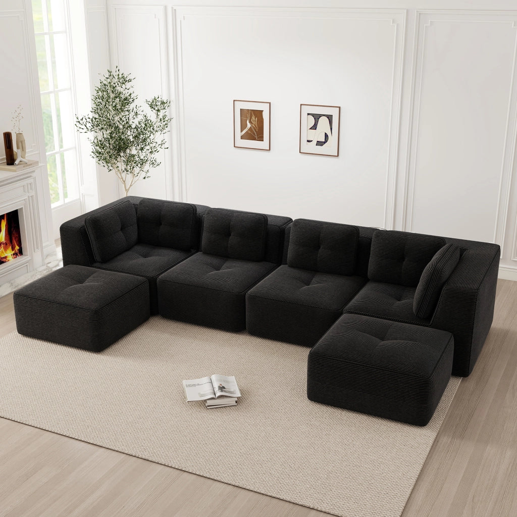 Divano angolare modulare senza montaggio con design antiscivolo braccioli larghi e seduta profonda in velluto a coste nero