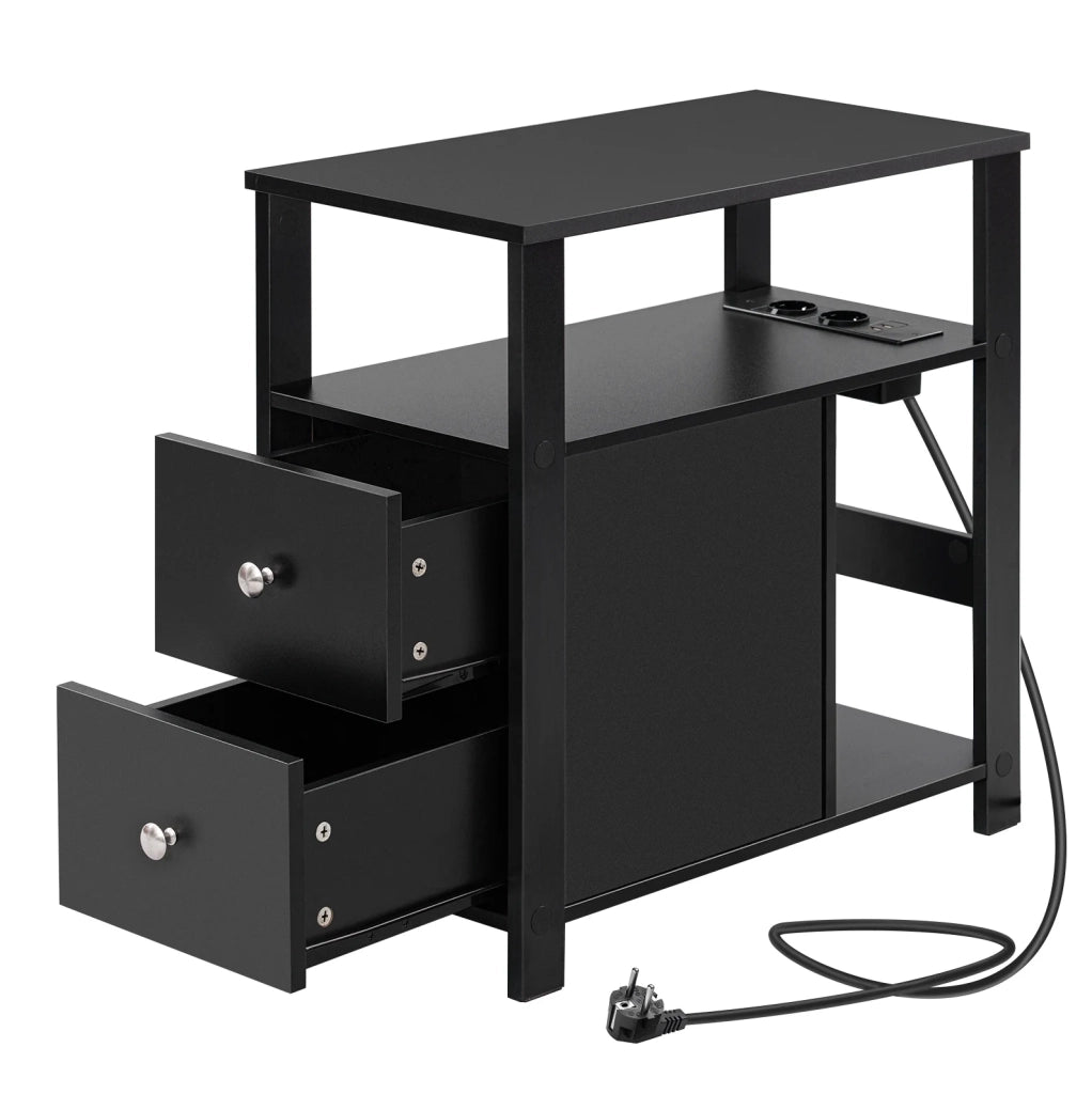 Tavolino laterale nero con presa; 2 cassetti e 2 ripiani; 60 x 60 x 30 cm