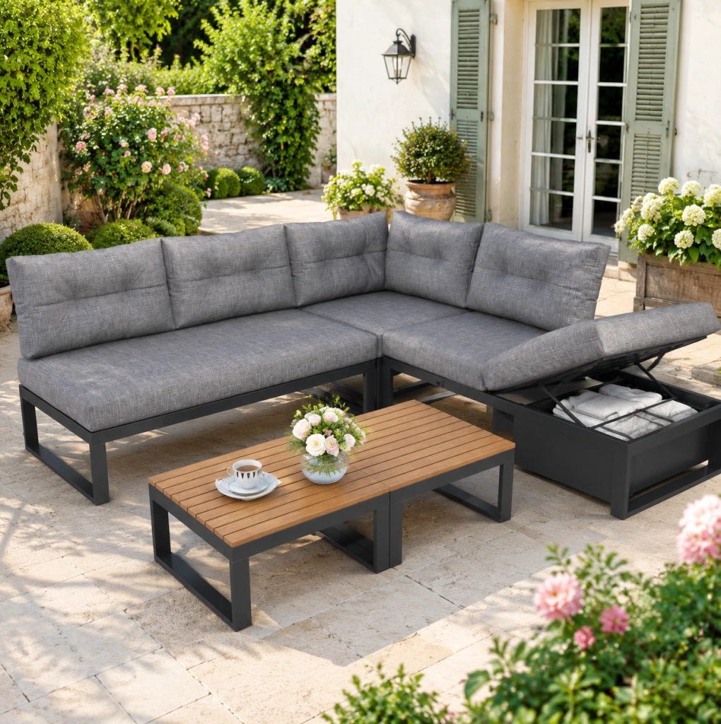Set divano da esterno modulare con schienale regolabile a 3 livelli e contenitore; grigio