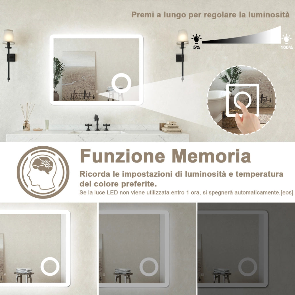 Specchio bagno Rettangolare 80x60cm Led Con 3 Luci + 3X Lente d'ingrandimento + Antiappannamento