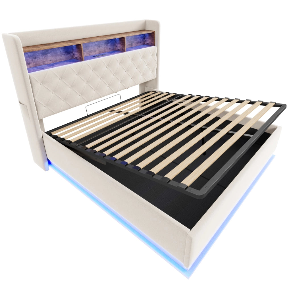 Letto Matrimoniale 180 x 200 cm; Contenitore; USB; LED Multicolore in Beige