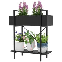 Supporto per piante da interno e da esterno a 2 livelli, con fori di drenaggio, in metallo, 60 x 25 x 70 cm, Nero