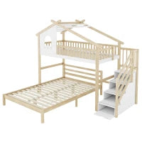 Letto a soppalco 90×200 cm con scaletta contenitore per bambini, senza materasso, Legno naturale e Bianco