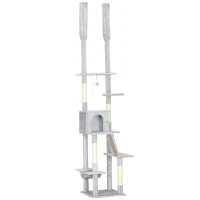 Albero Tiragraffi a Soffitto con Altezza Regolabile 225-255 cm con Casetta e Amaca, Grigio Chiaro