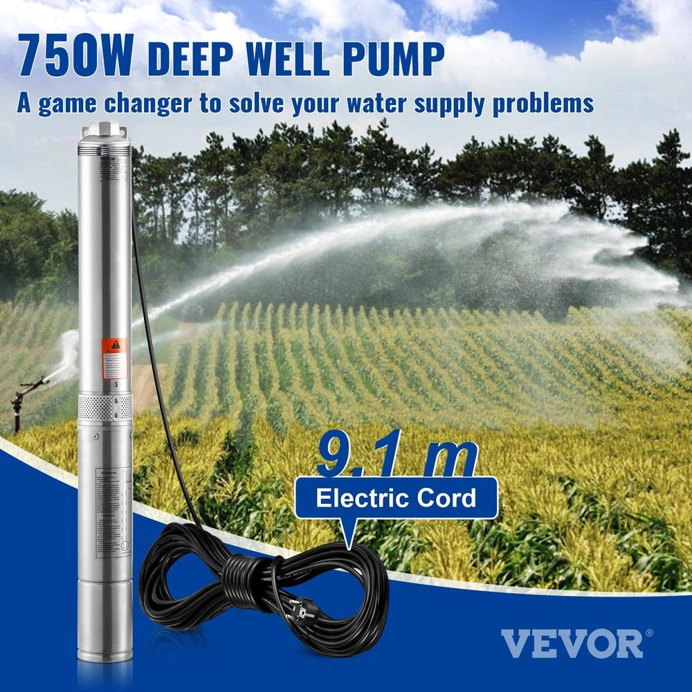 Pompa Sommergibile per Pozzi Profondi 750W in Acciaio Inox IP68 Prevalenza 75m Portata 7,1 m³/h con Cavo 9,1m per Irrigazione e Giardino
