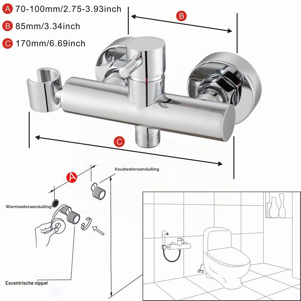 Set per bidet in ottone, cromato, composto da 4 pezzi, con doccetta manuale