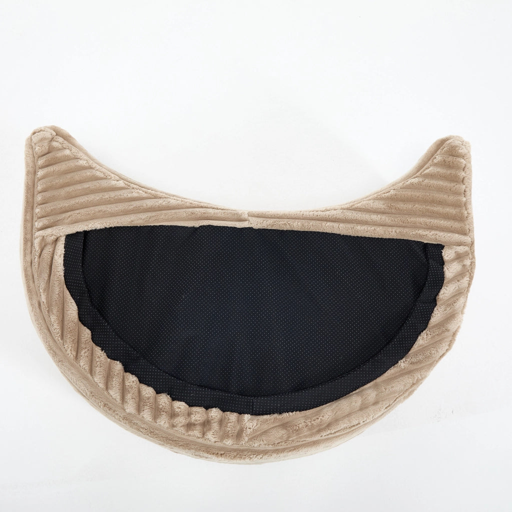 Poltrona rotonda con poggiapiedi in chenille cammello e marrone