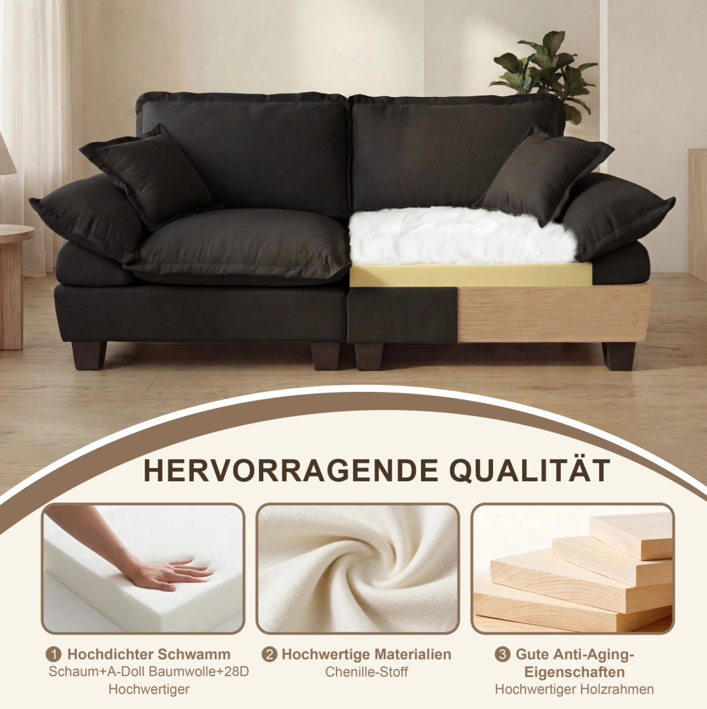 DIVANO Modulare 224x82x90 cm in Chenille Nero con USB e portabicchieri