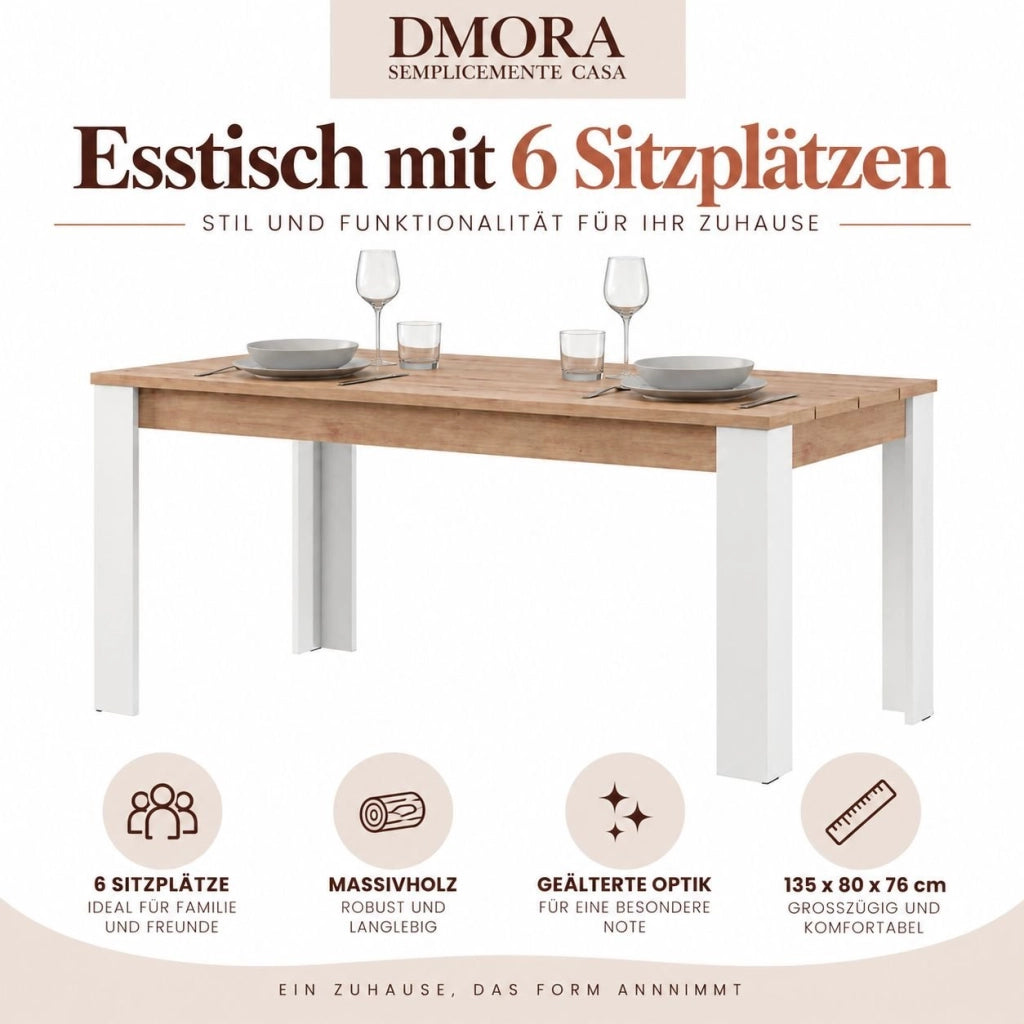 Luarca, Tavolo Fisso 6 Posti, 135x80x76h cm Marrone Rovere Nodi