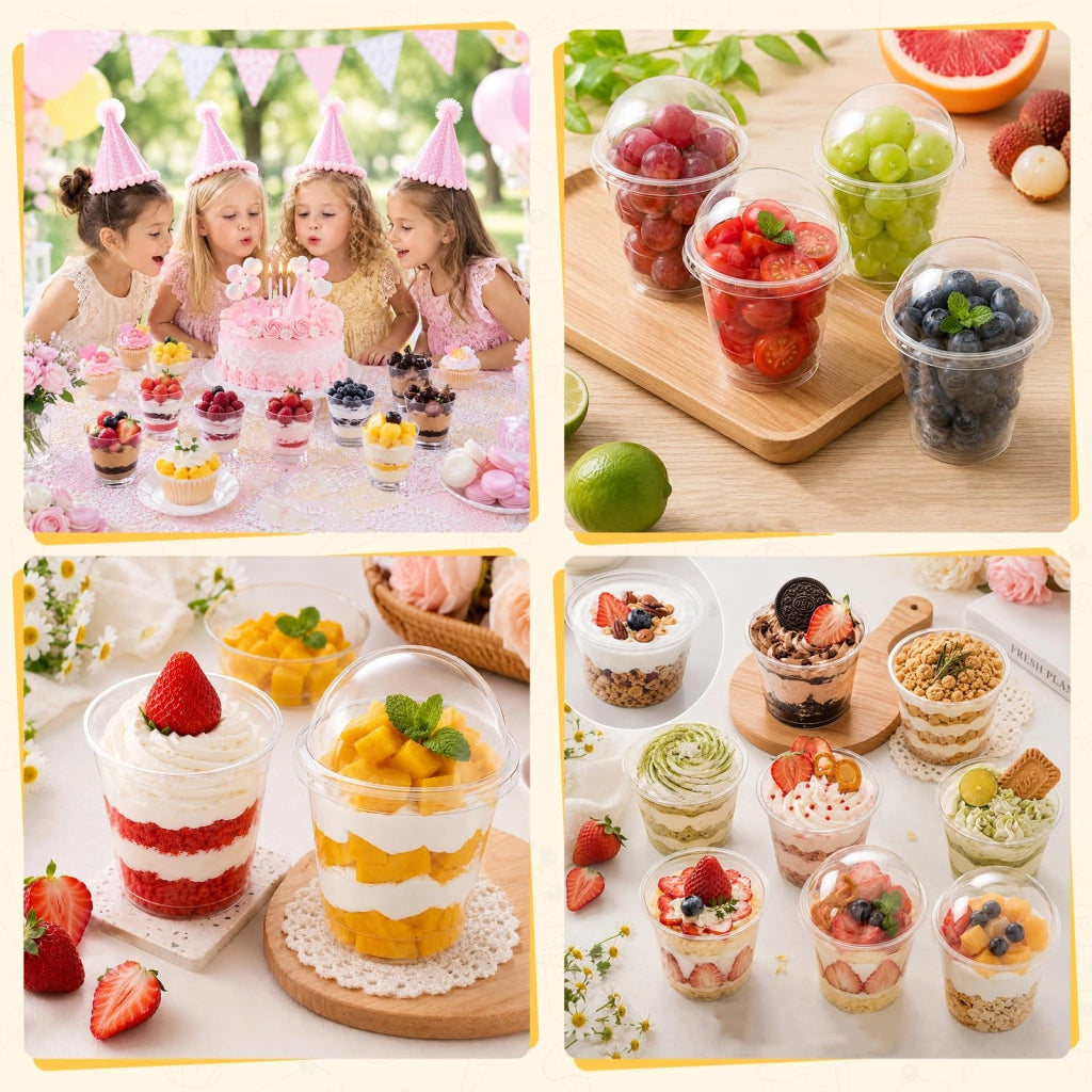 Bicchieri per dessert in plastica, capacità 180 ml, con coperchio e cucchiaino, confezione da 100 pezzi, forma rotonda