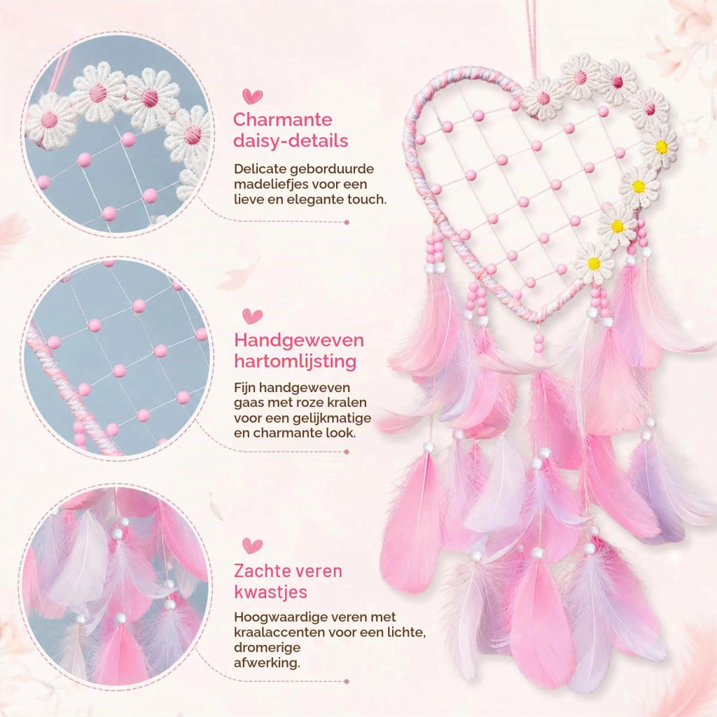 Cattura sogni a forma di cuore, decorata con margherite e piume, 15 cm, rosa