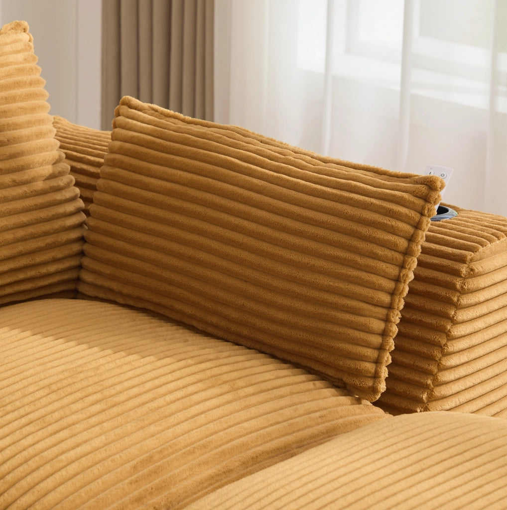 Divano modulare arancione in velluto a coste con pouf e tasche laterali