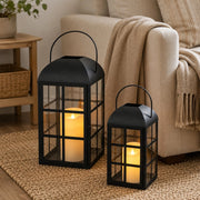 Set di 2 lanterne per candele, altezza 35 cm e 26 cm, in metallo, colore nero