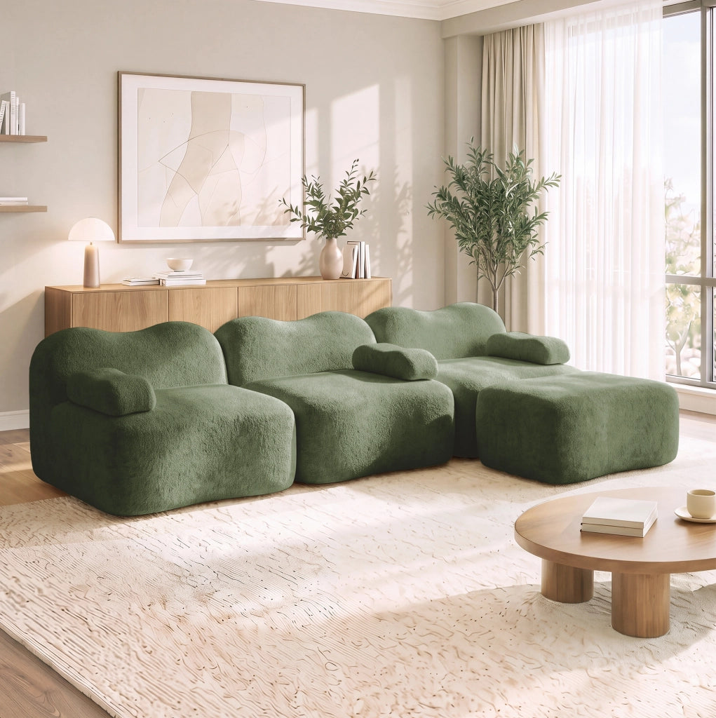 Divano angolare modulare in velluto verde con pouf