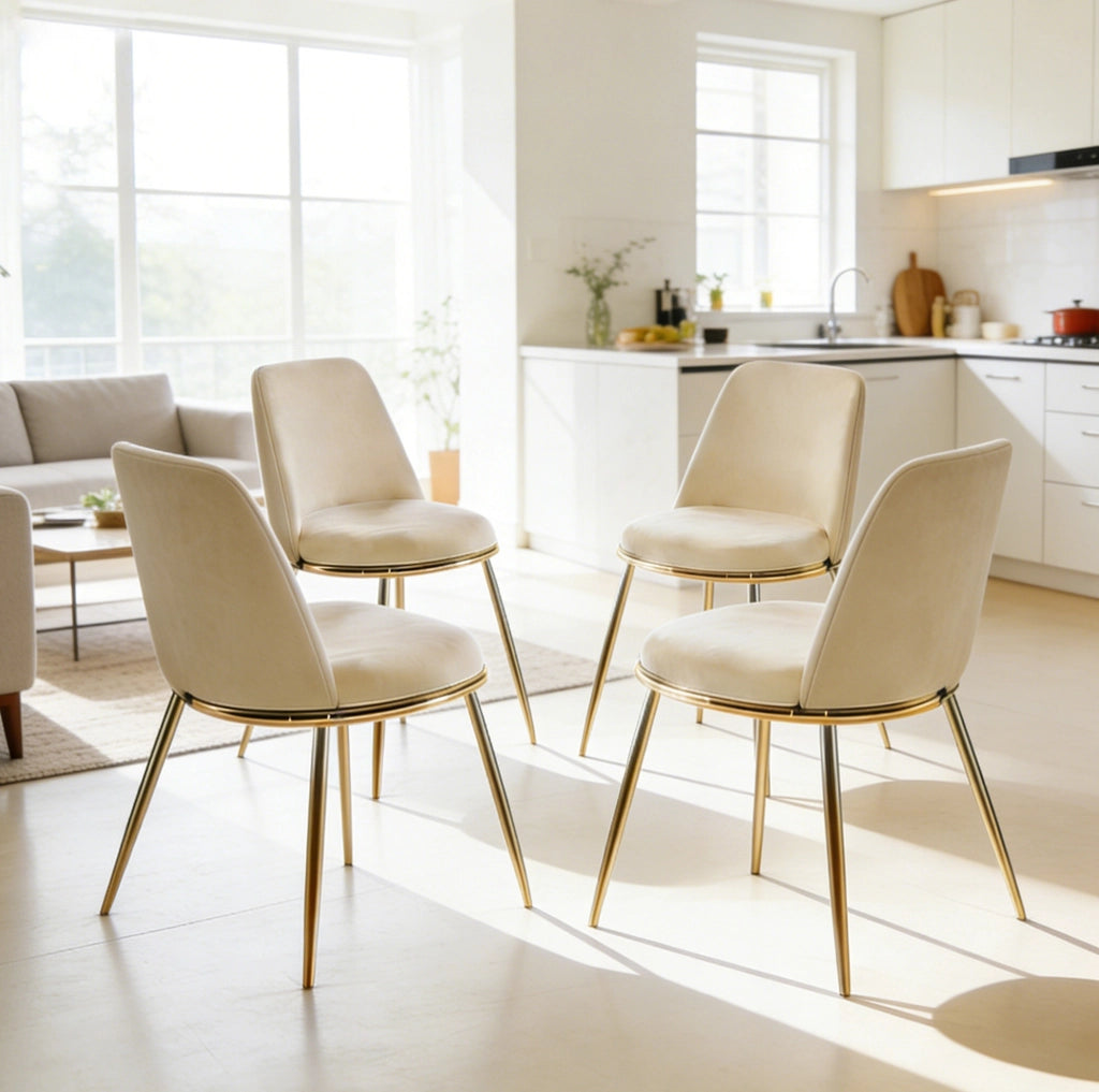 Set da pranzo con tavolo e 4 sedie in velluto, gambe dorate