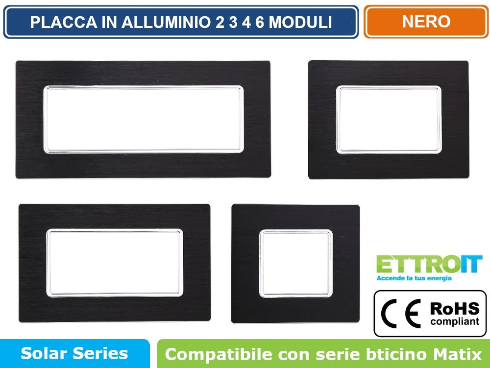 ETTROIT PLACCA IN ALLUMINIO DI COLORE NERO COMPATIBILE CON SERIE BTICINO MATIX - Numero Moduli:2 Moduli