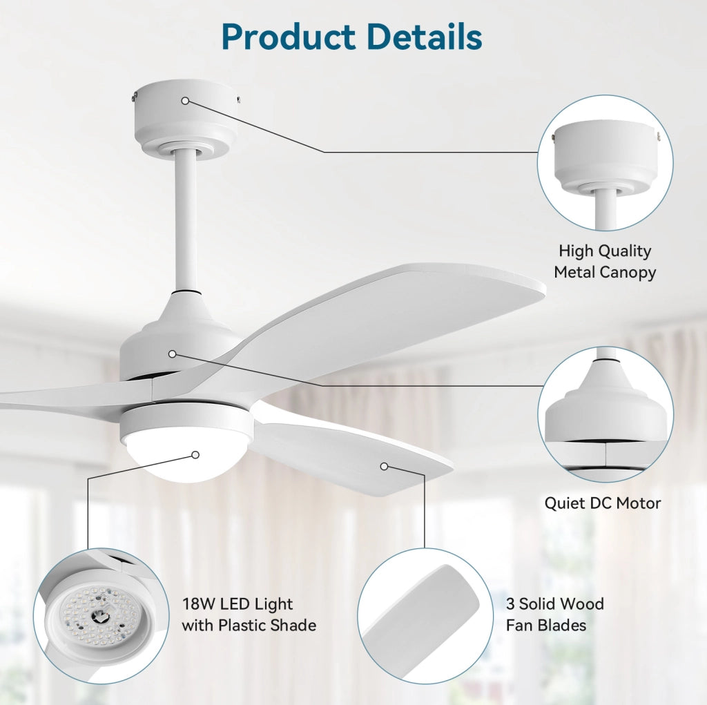Ventilatore da soffitto bianco con luce LED; motore DC silenzioso e telecomando