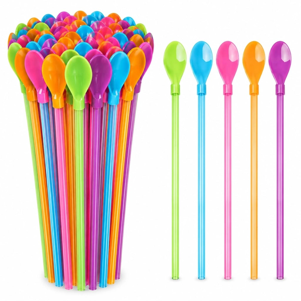 Set di cannucce in plastica 2-in-1 con cucchiaino, assortite