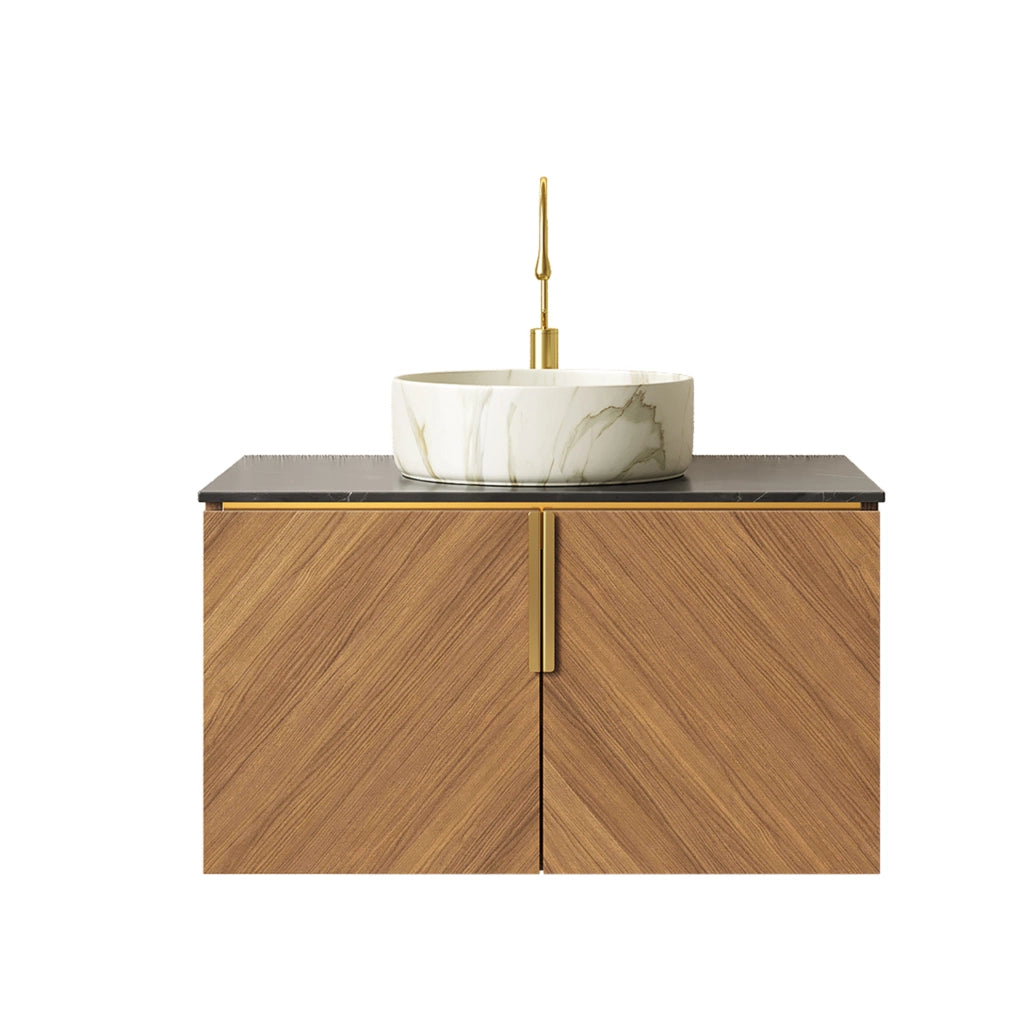 Mobile lavabo sospeso 76 cm, lavabo ceramica bianca, top nero, compensato marrone